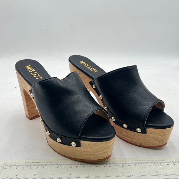 miss left Black Platform Chunky High Heel Mules Open Toe Studded Slide Sandals - Picture 4 of 8